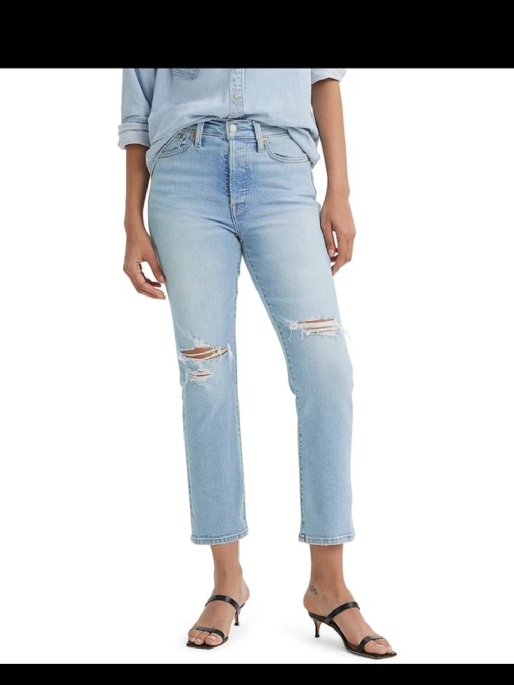 Light Blue Distressed High-Rise Straight Jeans - Women